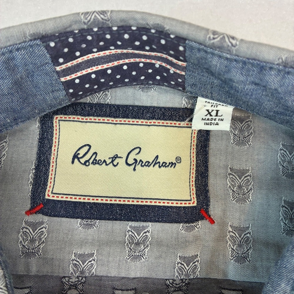 Robert Graham Shirt Mens XL Grey Tiki Mask Tailored Fit Cotton Button Down Long - Picture 3 of 8